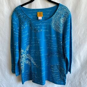 Ruby Rd. aqua | blue | white sequin and bead embellished 3/4-sleeve top, size M